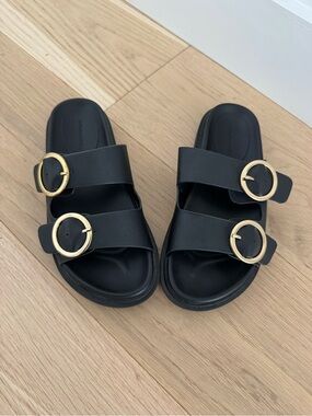 Banana Republic Black Double-Buckle Slide Sandals with Gold Buckles